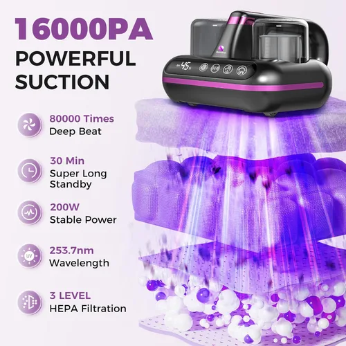 Miniatura 2 de Amzany Aspirador de colchón – Aspirador de cama inalámbrico 5 en 1, alimentado por tecnología ultrasónica, succión fuerte de 16 Kpa, bajo ruido