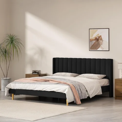 Miniatura 16 de Base de cama Queen con cabecero, base de cama de plataforma con respaldo de terciopelo vertical copetudo, soporte de listones de madera, no necesita