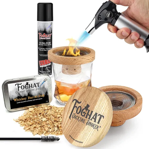 Foghat Cocktail Smoker - Kit ahumador de cócteles Foghat con combustible de virutas de madera de roble de barricas de whiskey bourbon, nogal ginebra