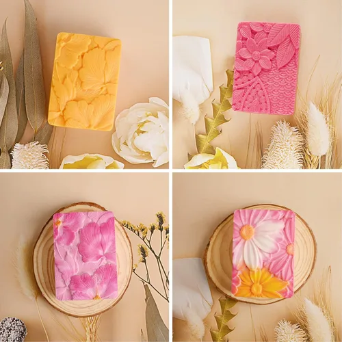 Miniatura 4 de Moldes de jabón de silicona, moldes de silicona con patrón de flores rectangulares 3D para jabón hecho a mano, bombas de baño, barras de chocolate