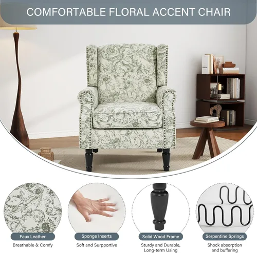Miniatura 4 de Silla de Acento de Respaldo Alto, Sillón Tapizado en Tela para Sala de Estar, Sillón Wingback con Estampado Floral con Patas de Madera Maciza, Sofá