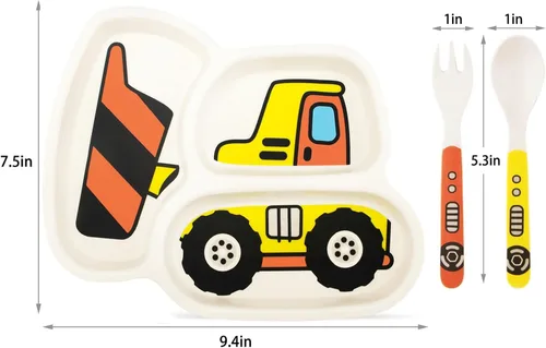 Miniatura 7 de Juego de platos para niños, incluye tenedor y cuchara, juego de 3 piezas, platos para niños pequeños, juego de platos divididos para alimentación