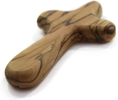 Cruz de 10.16 cm de madera de olivo para sujetar en la mano de Belén en bolsa (certificada) - Fina cruz de madera para orar y confort, cruz de palma
