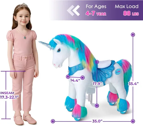 Miniatura 6 de PonyCycle Unicornio arcoíris para montar en unicornio, no requiere batería, tamaño 4, juguete mecánico de peluche, modelo avanzado Y con silla