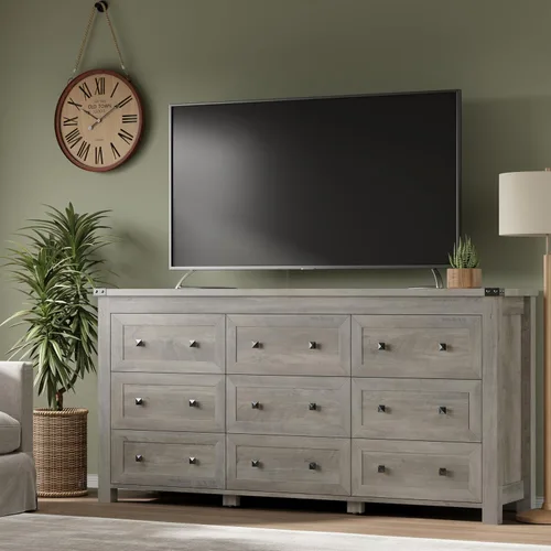 Miniatura 5 de BORNOON Cómoda de 9 cajones, moderna cómoda de almacenamiento de madera, soporte de TV, organizador de cajones de madera con asas de metal