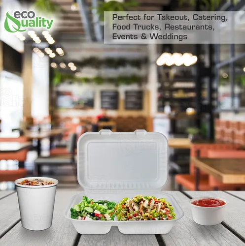 Miniatura 7 de Compostable 2 compartimentos rectangulares con bisagras Clamshell Take Out Contenedores de alimentos 9x6x3,Calidad resistente desechable para llevar
