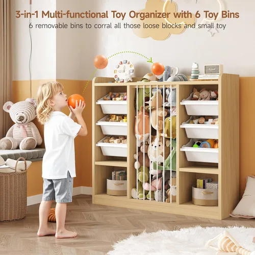 Miniatura 6 de ONBRILL Organizador de almacenamiento de juguetes con 6 contenedores de plástico extraíbles, almacenamiento de animales de peluche para niños
