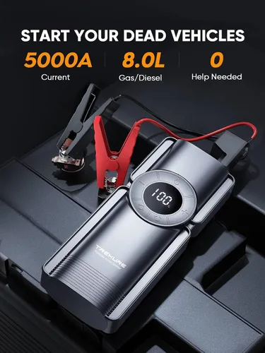 Miniatura 2 de TREKURE Arrancador de Coche Portátil con Compresor de Aire, Paquete de Batería de Arranque de Coche 150PSI 5000A (9L Gasolina/8L Diésel), Arrancador
