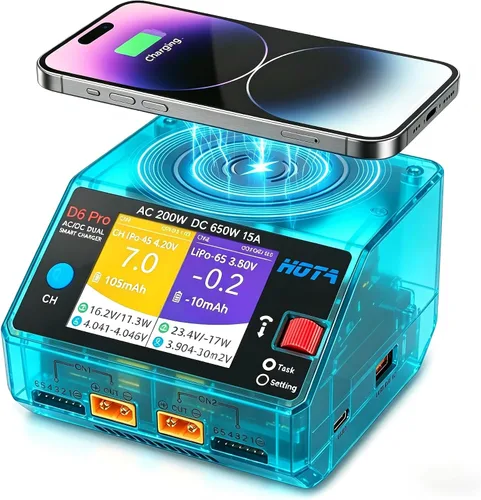 Miniatura 8 de HOTA D6 Pro Lipo Cargador de batería, doble canal 15A AC200W DC650W Cargador de equilibrio inteligente con panel de carga inalámbrico Salida USB
