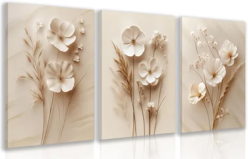 HLXRAE Lienzo decorativo minimalista de color beige floral, decoración de pared de granja neutra, impresiones de póster botánico vintage enmarcado,