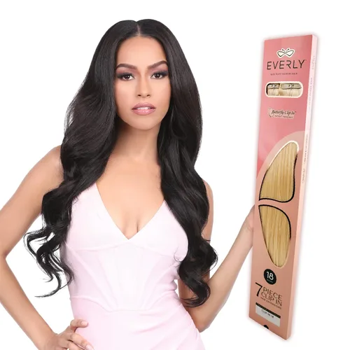 Miniatura 13 de Everly Extensión de cabello con clip, 7 piezas de cabello humano Remy sin costuras con clip de trama de silicona con tecnología de clip de mariposa