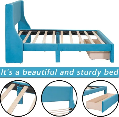 Miniatura 4 de Anwick Base de cama de terciopelo de tamaño matrimonial con cajón de almacenamiento, cama moderna tapizada con cabecera y listones de madera maciza