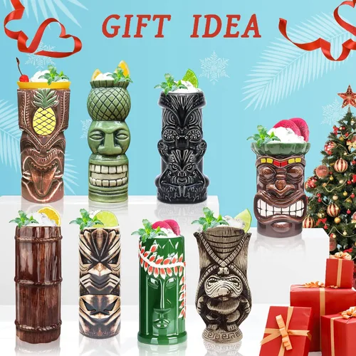 Miniatura 4 de LINALL Tiki Mugs - Juego de 8 tazas de cóctel de cerámica hawaiana Luau para fiesta, vasos de cóctel exóticos, Tiki Bar profesional hawaiano