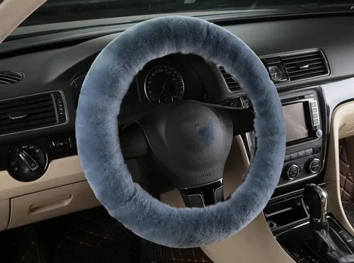 Miniatura 3 de U&M Funda para volante de automotor de lana auténtica, elastizada. Almohadilla protectora de volante de vehículo, de lana australiana, Gris azul
