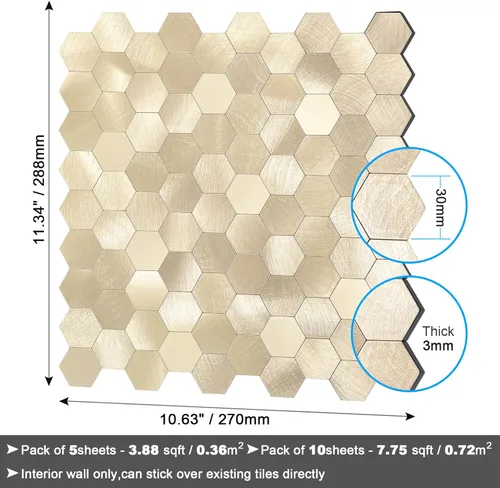 Miniatura 6 de BeNice Adhesivo de metal para azulejos de pared de cocina, adhesivo 3D, 10 unidades, color dorado champán Oro champán