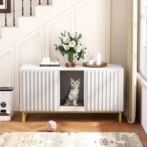 Miniatura 15 de Halitaa Caja de Arena para Gatos, Mueble Moderno de Caja de Arena para Gatos Caja de Arena Oculta con Almohadilla para Rascar, Mesa Auxiliar Casa