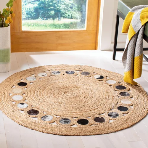 Miniatura 8 de SAFAVIEH Natural Fiber Round Collection NF370Z - Alfombra redonda de yute y cuero de 3 pies, hecha a mano, color beige y negro