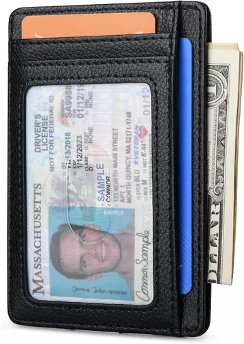 Miniatura 2 de Buffway - Billetera delgada minimalista de cuero con protección RFID para hombre y mujer, Lichee Negro