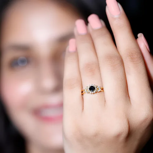 Miniatura 3 de Anillo de compromiso con halo de flor de diamante y ónix negro certificado para mujer Calidad AAA