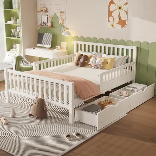 Miniatura 5 de Bellemave Base de cama individual para niños con vallas y 2 cajones, plataforma de madera tamaño individual con barandillas en ambos lados