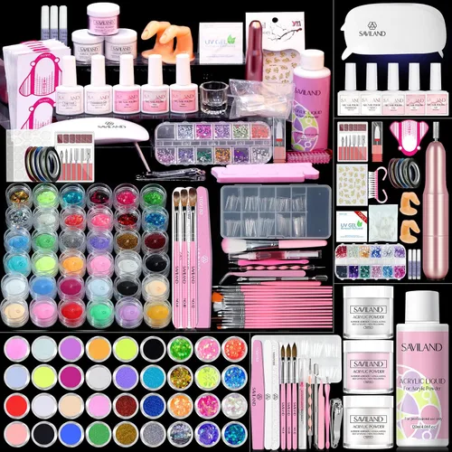 Miniatura 29 de Saviland Kit de iniciación de uñas acrílicas: polvo y líquido acrílico rosa claro nude, cepillo, limas, formularios, uñas a presión, juego