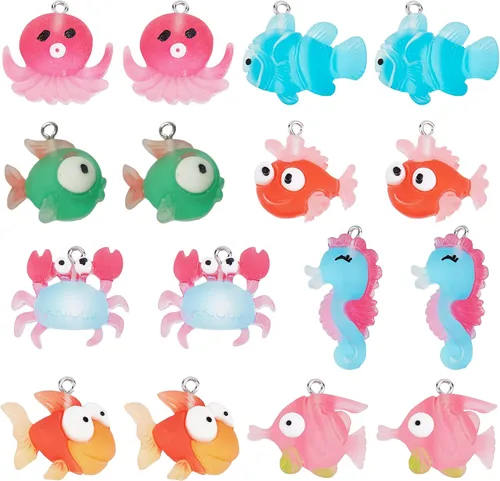 SUNNYCLUE 1 caja de 32 piezas de 8 estilos de dijes de resina oceánica de animales marinos, dijes de verano Hawaii, peces de mar, caballito de mar,