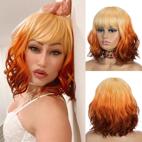 NOBLE Pelucas Bob cortas con flequillo para mujer, 3 tonos de color ombre, color rubio a naranja a jengibre, sintéticas, longitud del hombro, OT