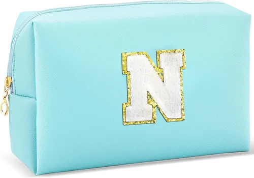 Miniatura 13 de URSKYTOUS Regalos para niñas, bolsa de maquillaje con inicial, bolsa de cosméticos personalizada con cremallera, bonita bolsa de aseo de viaje, Azul