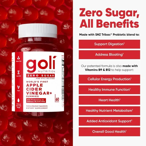 Miniatura 2 de Goli Gomitas de vinagre de sidra de manzana sin azúcar, ACV con vitamina B12 y probióticos, sin alcoholes de azúcar, veganas, aptas para dieta
