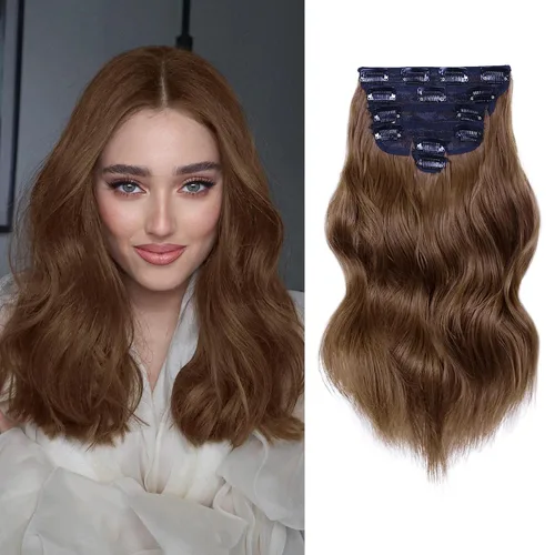 Miniatura 27 de NAYOO Extensiones de cabello con clip, de 20 pulgadas, largo, ondulado, rizado, rubio ceniza, extensiones de cabello sintético de cabeza completa