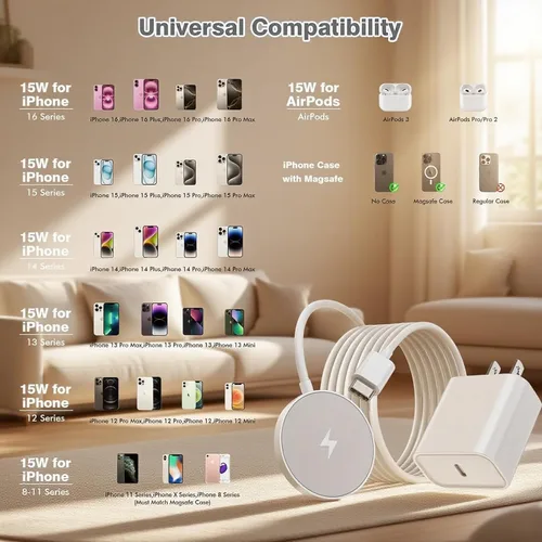 Miniatura 6 de [Certificado Apple MFi] Paquete de 2 cargadores inalámbricos Mag-Safe de 6 pies, almohadilla magnética rápida de 15 W con bloque USB-C para iPhone