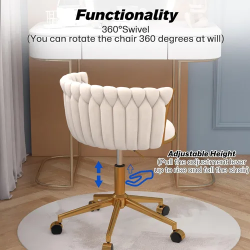 Miniatura 6 de HENGJIANYI - Silla de oficina tejida de terciopelo para el hogar, silla de escritorio giratoria moderna con ruedas, silla de tocador de altura Beige