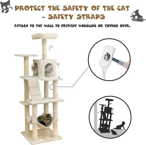 Miniatura 9 de MWPO - Árbol para gatos, multiestructura para gatos grandes con postes rascadores de sisal, plataforma acolchada, hamaca y condominio, torre Beige