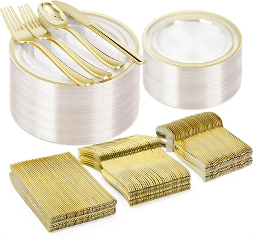 BESTVIP Juego de 300 platos de plástico dorado transparente (50 invitados), juego de vajilla desechable para fiestas, bodas, cumpleaños, 100 platos,