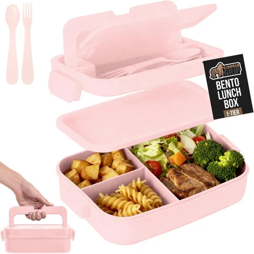 Miniatura 14 de GORILLA GRIP Lonchera Bento a prueba de fugas sin BPA para mujeres, hombres, niños, estilo de 2 niveles, con asa fácil de transportar, apta