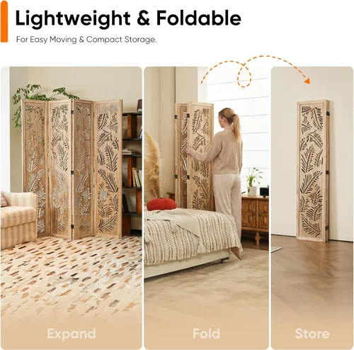 Miniatura 6 de JOSTYLE Divisor de habitación bohemio con tallado de plumas, pantalla de madera calada de 4 paneles, división plegable decorativa para dormitorio