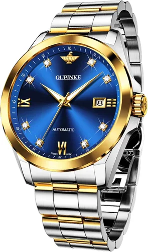 OUPINKE Relojes mecánicos originales para hombres de lujo dorado con diamantes reales de zafiro de cristal números romanos vestido de negocios