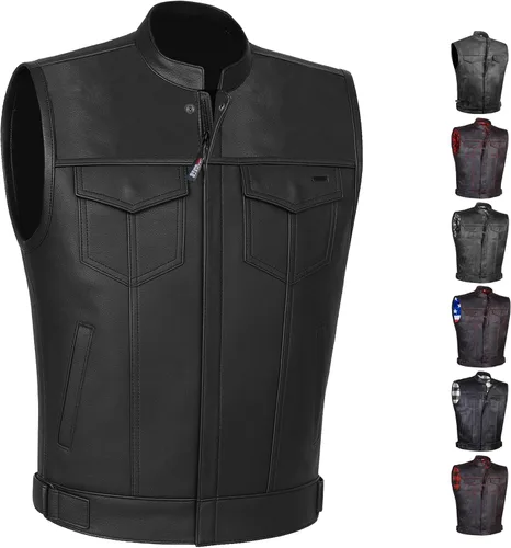 SOA - Chaleco de motocicleta para hombre, piel de búfalo de alta calidad, armadura trasera, bolsillos interiores, chalecos de club de motociclista,