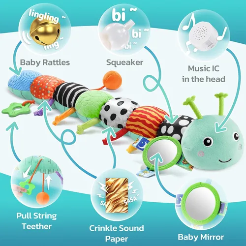 Miniatura 3 de HEMRLY Juguete sensorial para bebé de 0 a 6 meses, peluche musical de oruga con mordedor, arrugado, sonajero, espejo de bebé para el tiempo boca