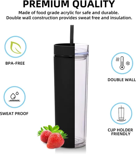 Miniatura 2 de Volhoply Paquete de 4 vasos delgados de plástico de 20 onzas, vaso de doble pared con tapa y pajilla, taza de café helado de viaje, reutilizable