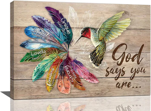 Miniatura 42 de Arte de pared de colibrí cristiano con texto en inglés "God says you ers", impresiones en lienzo, pintura rústica de pájaros de campo, obras de arte