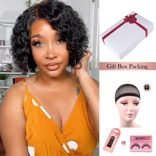 Miniatura 9 de WIGER Pelucas cortas con encaje frontal de cabello humano para mujeres, peluca corta rizada estilo Bob, peluca Pixie de encaje frontal negra, peluca