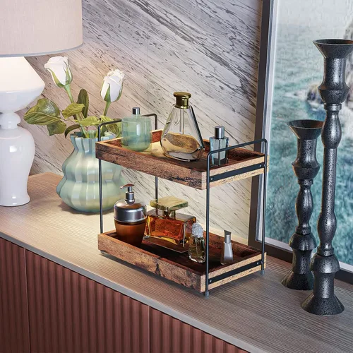 Miniatura 5 de Organizador de encimera de baño de 2 niveles, estante de especias de madera para encimera de cocina, organizador de maquillaje cosmético de tocador