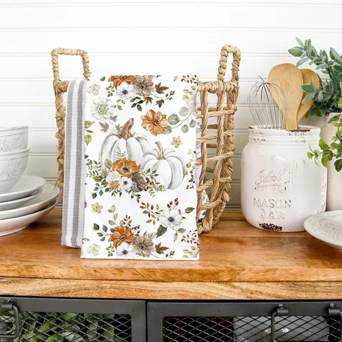 Miniatura 5 de AnyDesign Toalla de cocina de otoño de 18 x 28 pulgadas, acuarela, calabazas blancas, hojas, paño de cocina decorativo de otoño para secado de manos