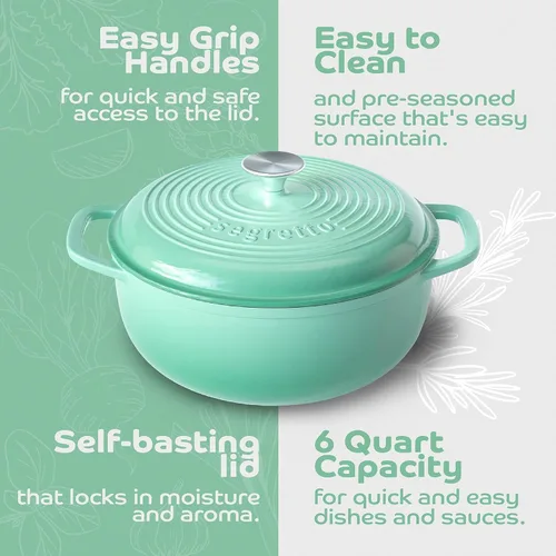 Miniatura 3 de Segretto Cookware Horno holandés de hierro fundido esmaltado, 6 cuartos de galón, verde claro Verde Chiaro (verde claro)