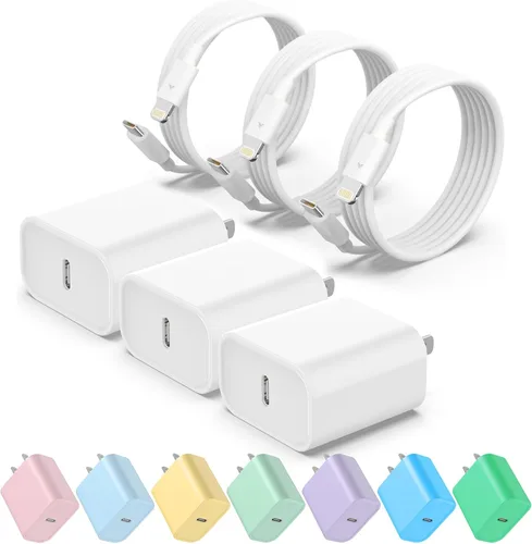 Cargador rápido USB C, paquete de 3 adaptadores de corriente USB-C de 20 W con 3 cables tipo C a Lightning de 6 pies para iPhone 14/13 Pro/13/12/12