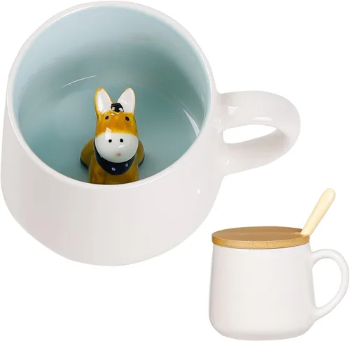 Miniatura 8 de BigNoseDeer Taza Bonita de Dinosaurio Taza de Café de Cerámica con Dinosaurio de Dibujos Animados 3D en el Interior, Tazas Divertidas con Tapa