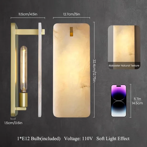 Miniatura 4 de Apliques de pared de alabastro español natural de 12 pulgadas, modernas luces doradas de latón para espejo de baño, lámpara de pared E12 con Latón