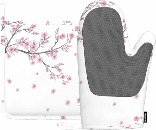 Mxocom Cherry Blossom - Guantes de horno resistentes al calor y soporte para ollas, ramas de flores, para cocina, antideslizantes, para cocinar,