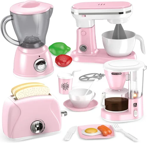 Miniatura 8 de Shemira Accesorios de Cocina de Juguete, Juego de Electrodomésticos de Cocina de Juguete con Cafetera, Licuadora, Batidora, Tostadora, Juego
